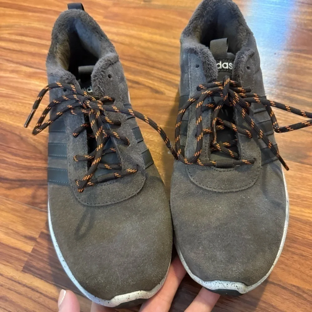 Brown Adidas Ortholite suede sneakers with fuzzy material